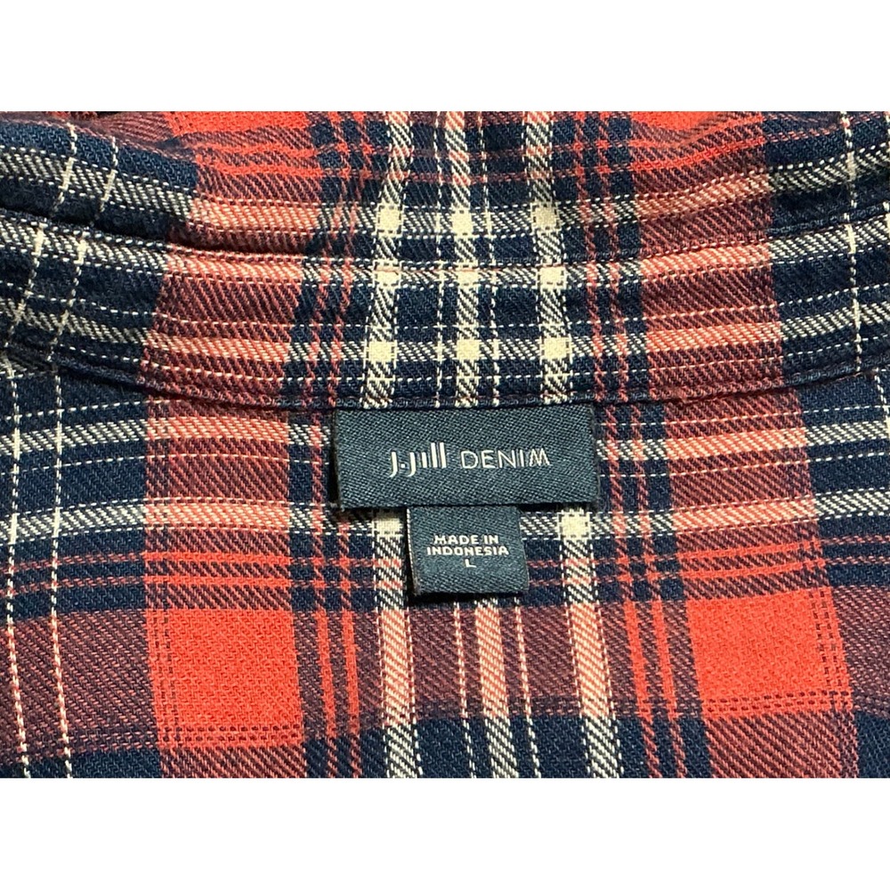 J Jill Denim Plaid Flannel Shirt Large Pink Blue Long Sleeve - Picture 9 of 10